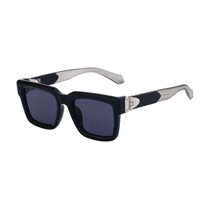 2025 trendy square black sunglasses with silver metal temples for men on white background
