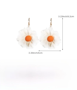 Detail showing fabric daisy earrings dimensions 8.2cm by 6cm and 5.3g product weight
