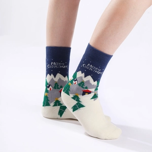 Winter thick thermal Christmas crew socks in blue and beige with festive knit patterns