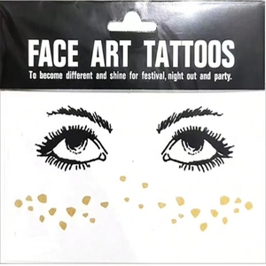 Face Art Tattoos packaging with gold freckles and eye designs for festival and party