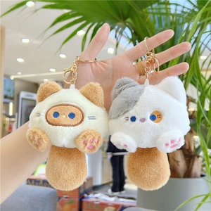 Cute plush cat keychains in brown and grey colors for backpacks and accessories