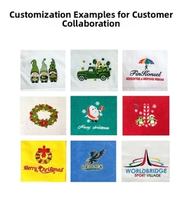 Detailed grid of custom Christmas and corporate logo embroidery samples on colorful towels