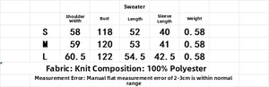 Detailed size chart for women hollow knit cardigan sweater with fabric specifications