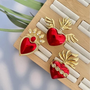 Sacred Heart Adjustable Rings Red Enamel Gold Plated Copper Zircon Gothic Baroque Wings Crown Vintage Jewelry For Women Men