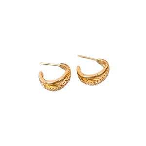 Gold-plated silver needle cross earrings with sparkling zircon stones on white background