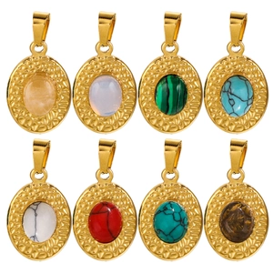 Oval Stainless Steel Pendants 18K Gold Plated Hammered Texture Stone Inlay Bohemian Vintage DIY Jewelry Making Accessories