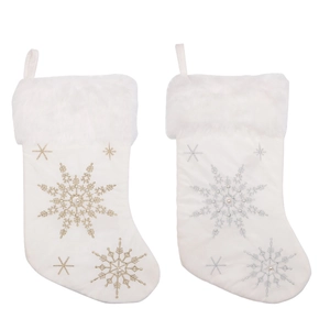 Set of 2 white faux fur Christmas stockings with gold and silver snowflake embroidery