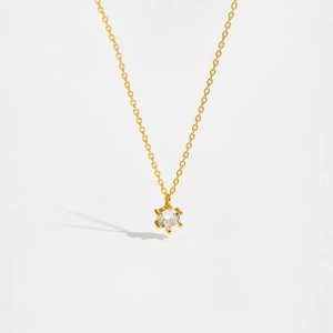 Elegant gold S925 silver necklace with a six-prong set round clear zircon pendant
