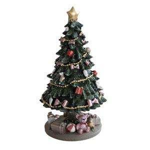 Miniature resin Christmas tree with golden star and teddy bear base holiday decoration