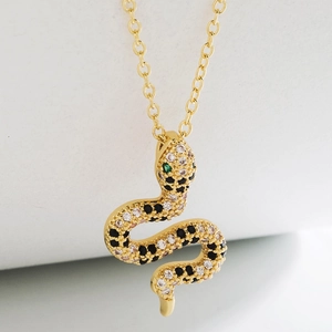 18K gold plated snake pendant necklace with zircon crystals and green gemstone eyes