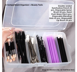 Detailansicht der 6-Fach Organizer-Box gefüllt mit Make-up-Pinseln und Haarklammern