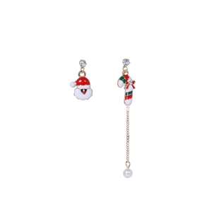 Asymmetric Christmas earrings with Santa Claus, candy cane, and white pearl details