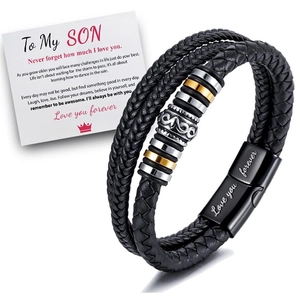 Three-layer braided leather bracelet with magnetic clasp and inspirational son gift card