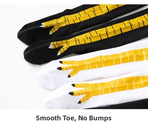 Detailed close-up of smooth toe seam and vibrant yellow chicken claw print on cotton socks