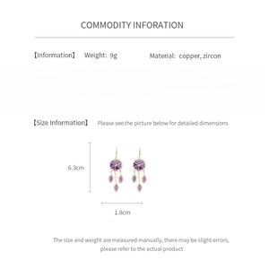 Detailed chart showing copper zircon fringe earrings weight 9g and size 6.3cm