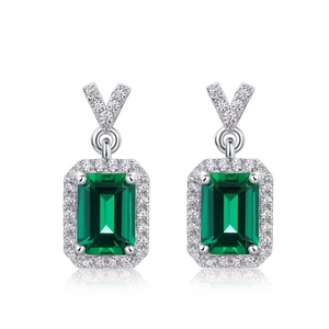 Classic S925 silver emerald cut green gemstone earrings with white zircon halo inlay