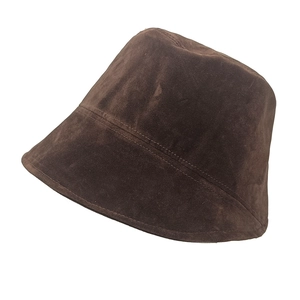 Dark brown suede bucket hat for women with a minimalist flat top and stitched brim