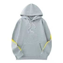 Classic men's light grey long-sleeve hoodie with vibrant yellow contrast trim details