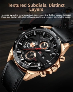 Macro shot of rose gold chronograph watch with black leather strap on racing track