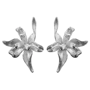 Detailed macro view of S925 sterling silver iris earrings with a matte brushed texture