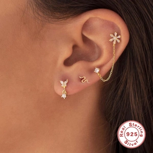 Ensemble de piercings en argent S925 avec serpent, papillon et clous d'oreilles à chaîne
