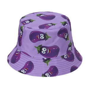 Detailed view of purple bucket hat featuring cartoon eggplant prints and reinforced stitching