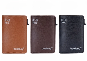 Three color options of lychee grain RFID blocking leather wallets in black brown and coffee