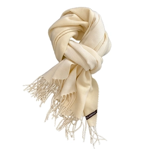 Premium cream-white cashmere-style scarf with tassel fringe and elegant woven label