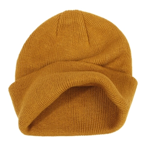 Detailed view of the fine ribbed knit texture and folded hem of the yellow baby beanie