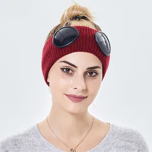 Knitted headband with goggle design in red chunky knit for windproof winter warmth