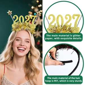 Golden 2027 glitter paper star headband for New Year party with sturdy PET hoop