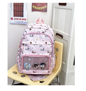 Pink student backpack with cartoon dachshund pattern and transparent badge display layer
