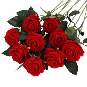Lifelike bouquet of 10 red artificial velvet roses with green leaves for home decor