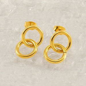 Interlocked 18k gold-plated stainless steel double hoop stud earrings with a polished finish