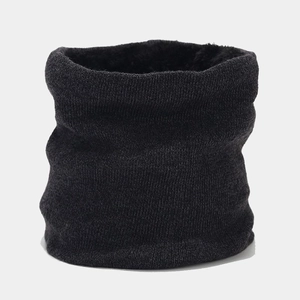 Close-up of dark grey knitted neck warmer with soft black fleece lining for winter