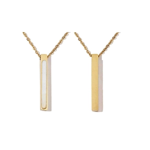 Detail of gold titanium steel bar pendant necklaces with white mother of pearl inlay