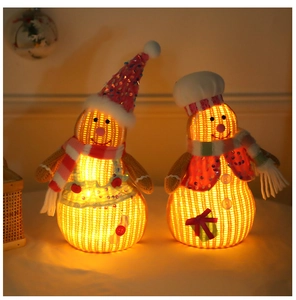 Detail of glowing gingerbread man and snowman plush ornaments with knit accessories