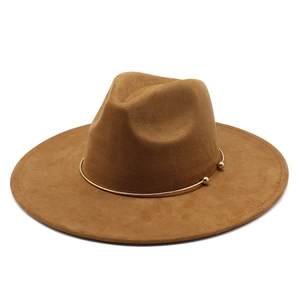 Classic camel faux suede wide brim fedora hat with elegant gold metal ring band detail