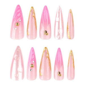 Pink gradient long stiletto press on nails with gold foil and 3D shell bead details