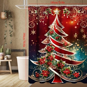 Detailed view of Christmas shower curtain with poinsettia tree pattern in 180x180cm size