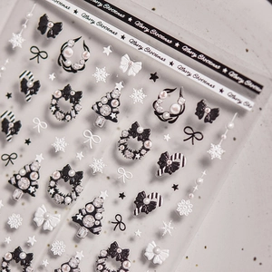 Détails de stickers nail art 3D de Noël avec flocons d'argent et nœuds élégants
