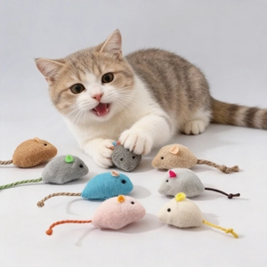 Close-up of colorful plush toy mice set with woven rope tails for cat interactive play