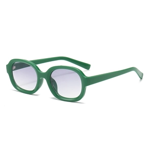 Trendy green oval plastic sunglasses with purple gradient lenses on a white background