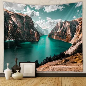 Naturlandschaft Berg Fjord See Wandteppich Polyester Stoff Aufhängung Hintergrundtuch Für Schlafzimmer Wohnzimmer Dekor Böhmischer Stil