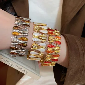Vintage Wide Alloy Bangle Bracelet With Water Drop Enamel Drip Oil Rhinestone Accents Bohemian Jewelry For Women