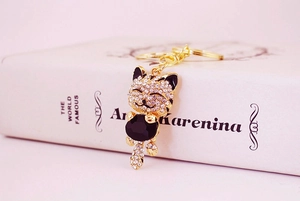 Detail of a lucky cat keychain with white rhinestones and a black gemstone on a book