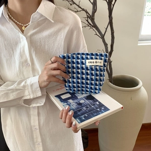 Gros plan d'une trousse à carreaux bleue avec étiquette coréenne tenue par un modèle