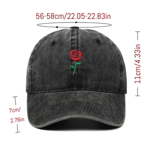 Detailed size chart of washed cotton baseball cap with rose embroidery and dimensions