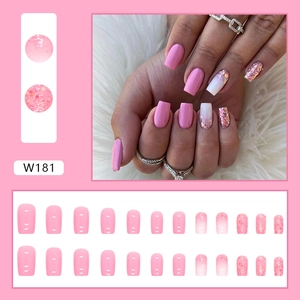 Faux ongles carrés roses dégradés pailletés ensemble de 24 pièces style élégant W181