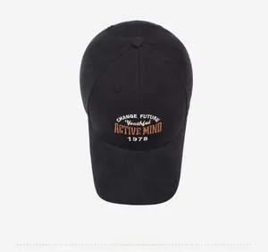 Overhead view of a black cotton twill baseball cap with vintage American embroidery